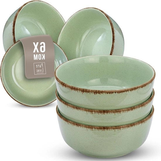 Set di 6 Scodelle in Ceramica Rustica - Moderne Scodelle in Ceramica - Scodelle a Stampa a Menta per Zuppe e Dessert - Set di Scodelle per Zuppe e Dessert