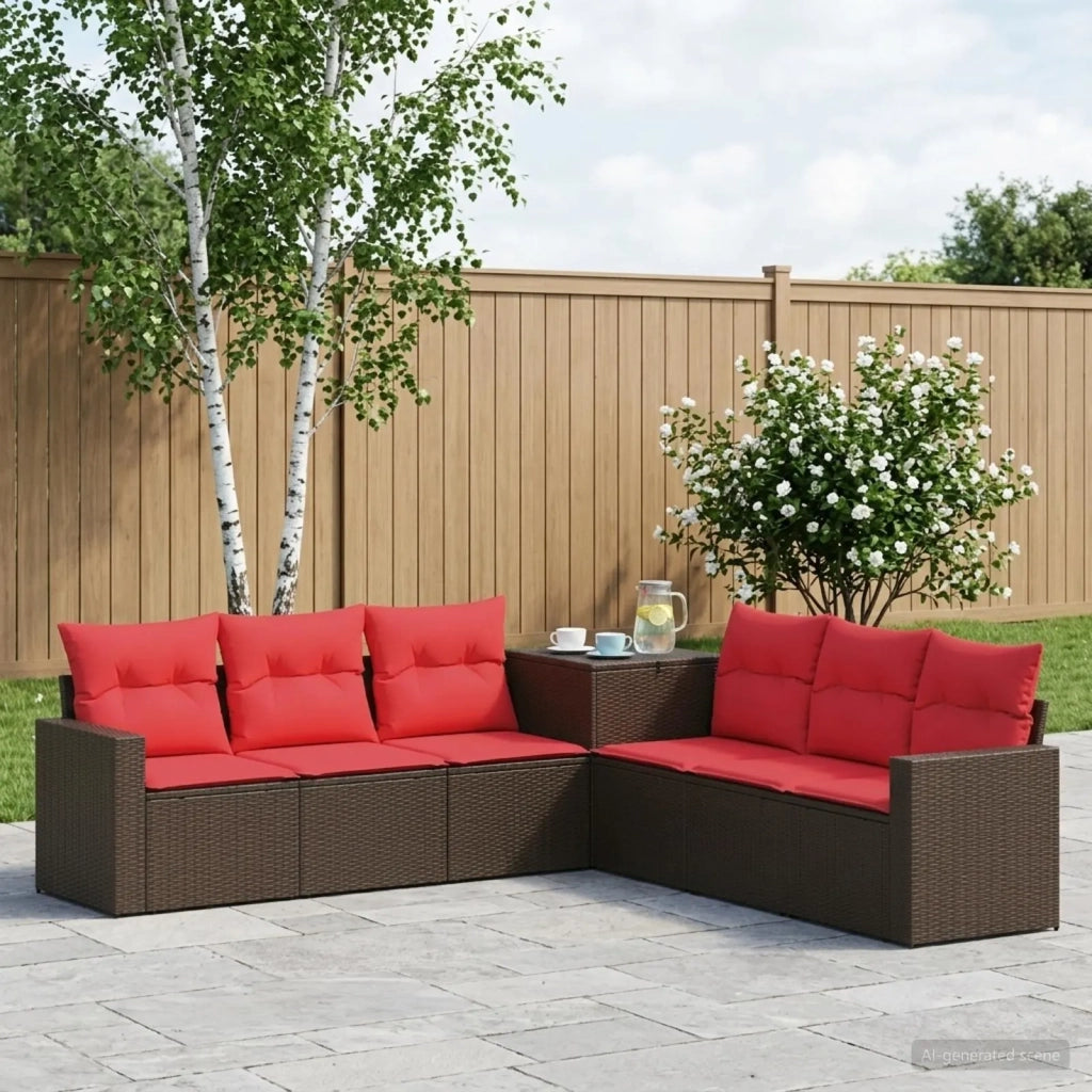 Set di divani 7 pz Marrone e Rosso Rattan sintetico e Acciaio 3448781