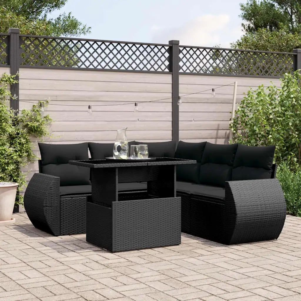 Set Divano da Giardino 6 pz con Cuscini Nero in Polyrattan