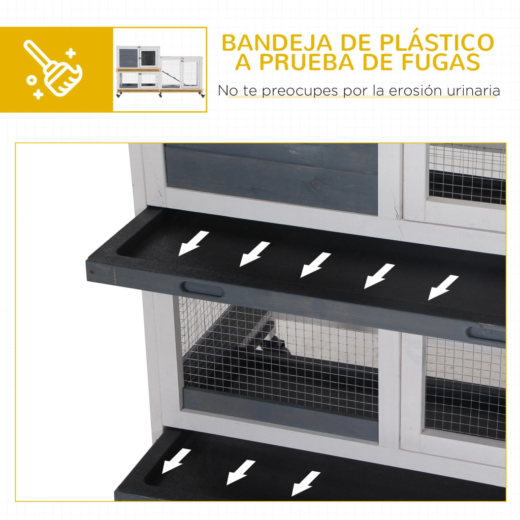 Gabbia per Conigli a 2 Livelli in Legno con Ruote ¨C Minimal ¨C 147x45,5x88,5 cm Grigio