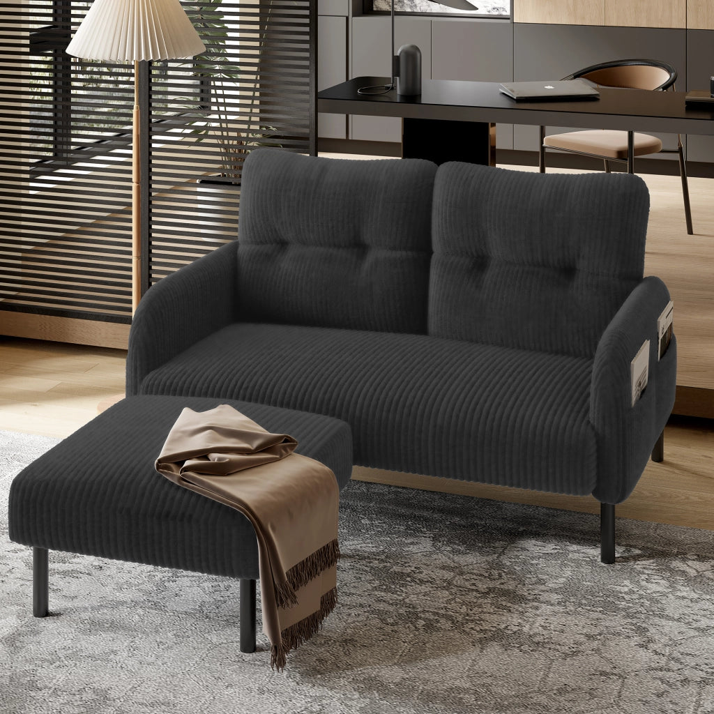 DIVANO 2 Posti 120 x 75 x 79 cm in Tessuto a Coste Grigio con Tasche Laterali
