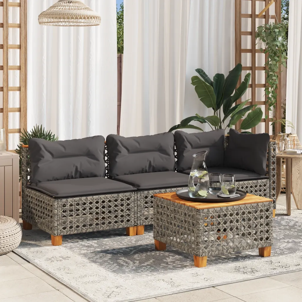Divano Giardino Senza Braccioli con Cuscini Grigio Polyrattan 365927