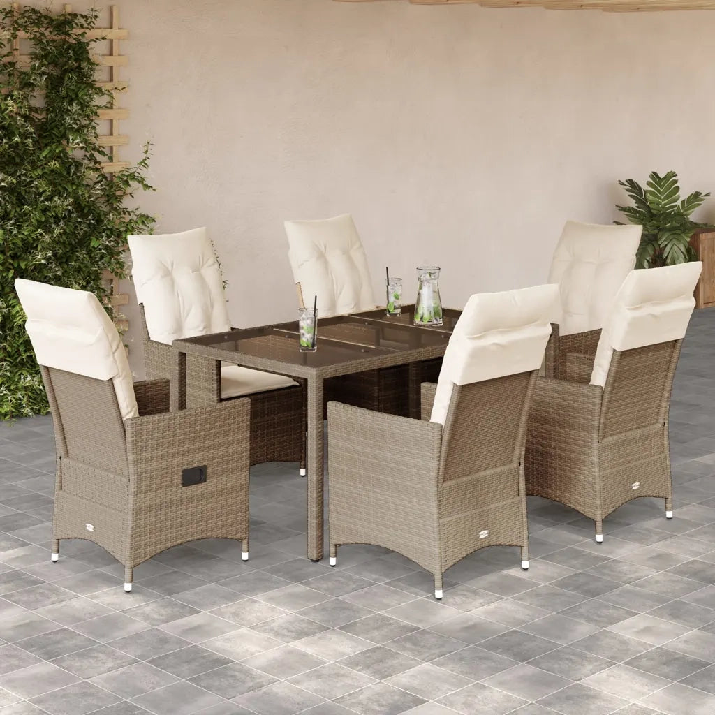 Set da Pranzo da Giardino 7 pz con Cuscini Beige in Polyrattan
