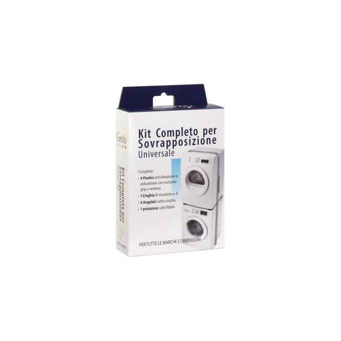 Igenio 999 Kit Sovrapposizione Colonna Lavatrice Asciugatrice Universale 4 Piedini Antivibrazione Cinghia Sicurezza 6 m colore Bianco