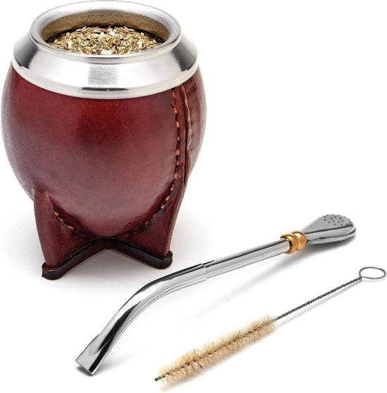 Yerba Mate Kalebas Premium con Cintura in Pelle - Uruguayaio Mate - Inclusa Bombilla in Acciaio Inossidabile e Spazzola di Pulizia - Variant Yerba Mate TORPEDO Cup
