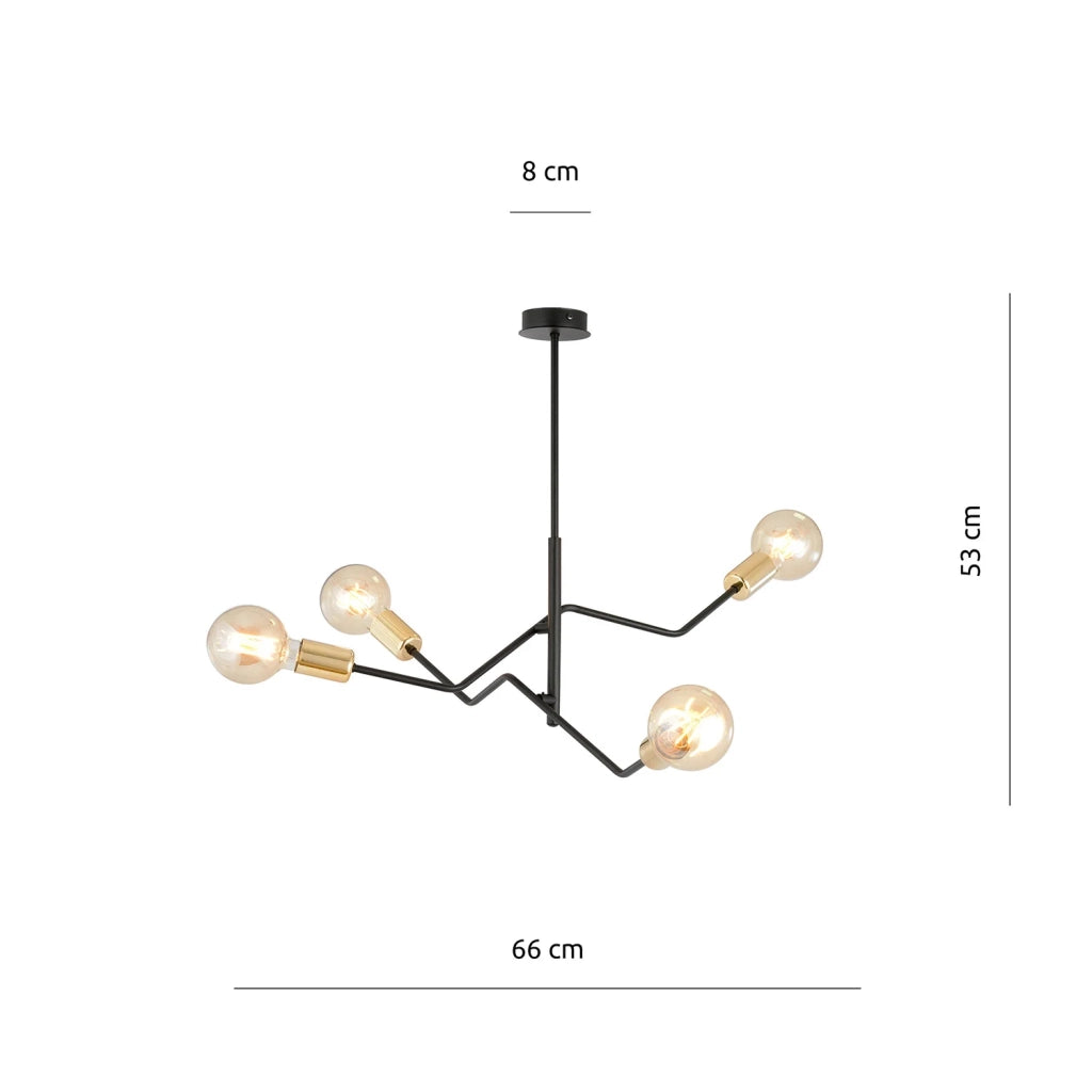Sospensione Industrial 4 Luci Temi In Acciaio Nero E Oro Bracci Regolabili