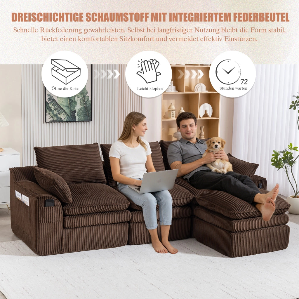 Divano modulare 3 posti con pouf, tasche laterali e cuscini, in velluto a coste con schiuma a 3 strati marrone