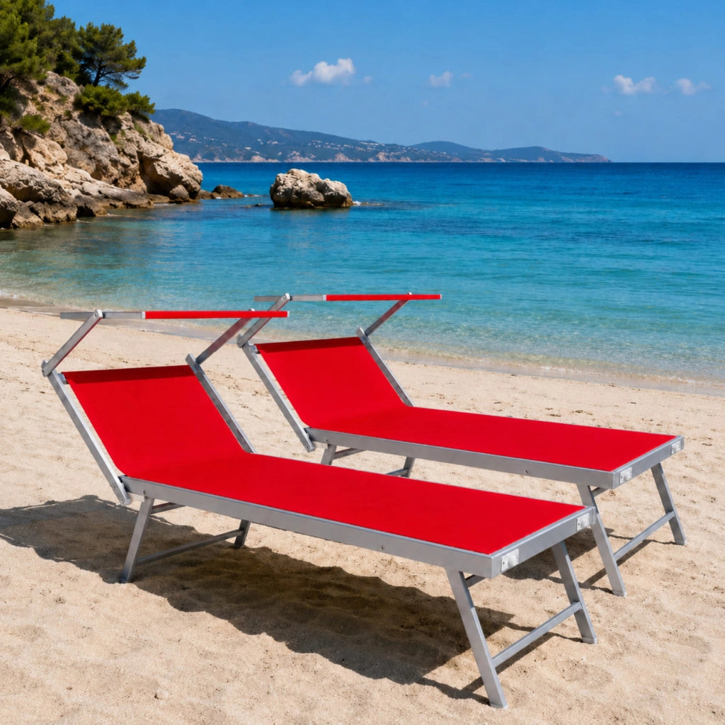 Coppia Di Lettini Prendisole Pieghevole Professionale In Alluminio Tettuccio Orientabile Tettino Parasole Sdraio Lettino Prendi Sole Mare Spiaggia Piscina Giardino 182 x 60 x 38 cm Rosso