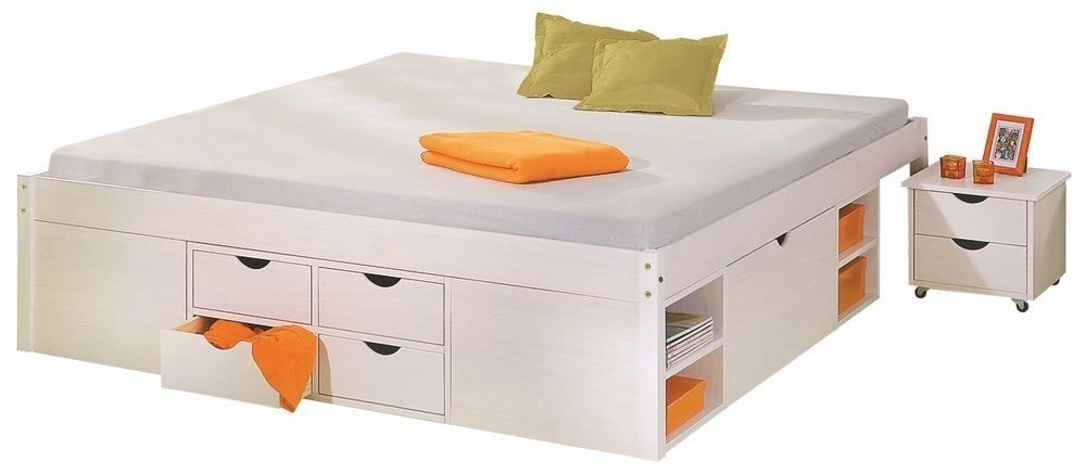 LETTO TILL + VANI CONTENITORE + COMODINO CON RUOTE 166x209x47,5H PINO MASSELLO BIANCO DOGHE INCLUSE