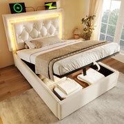 Letto Imbottito Singolo con Contenitore Idraulico e LED ¨C MINIMAL ¨C Velluto Beige 90x200