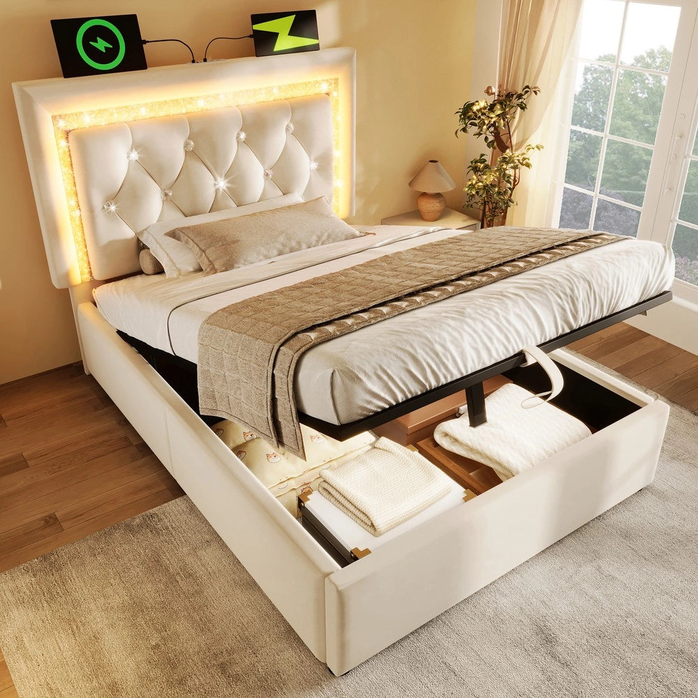 Letto Imbottito Singolo con Contenitore Idraulico e LED ¨C MINIMAL ¨C Velluto Beige 90x200