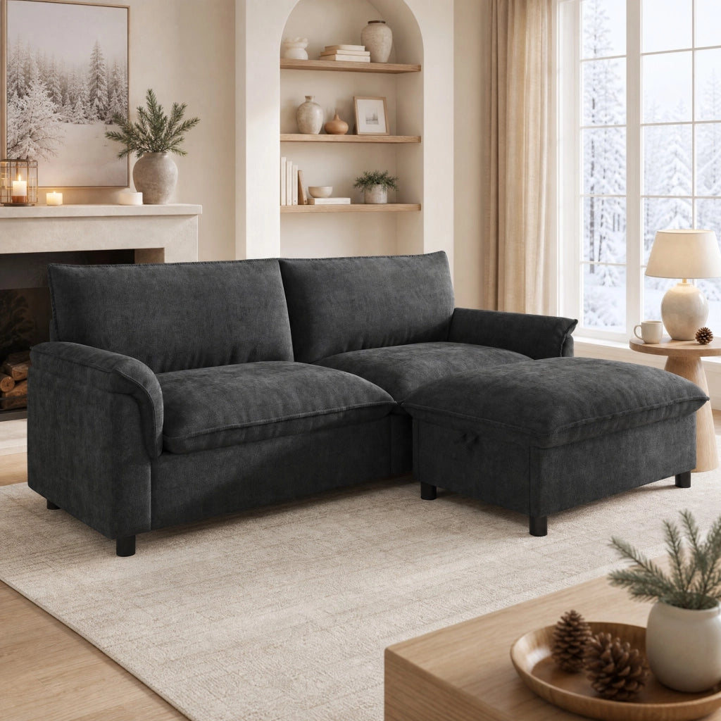 DIVANO Angolare Modulare 216 cm in Chenille Nero con 1 poggiapiedi