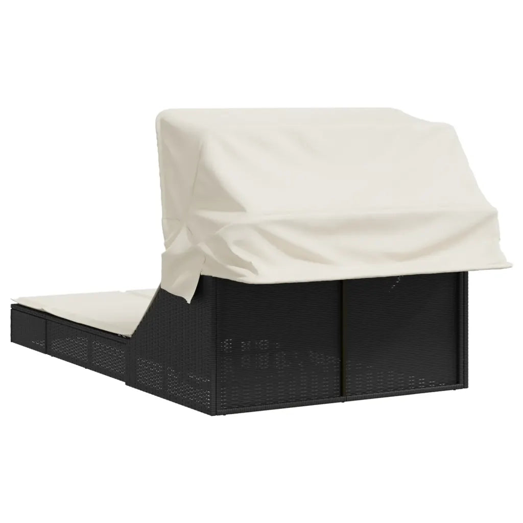 Lettino Prendisole | Sdraio da giardino | Lettino da sole Doppio Baldacchino e Cuscini Nero Polyrattan