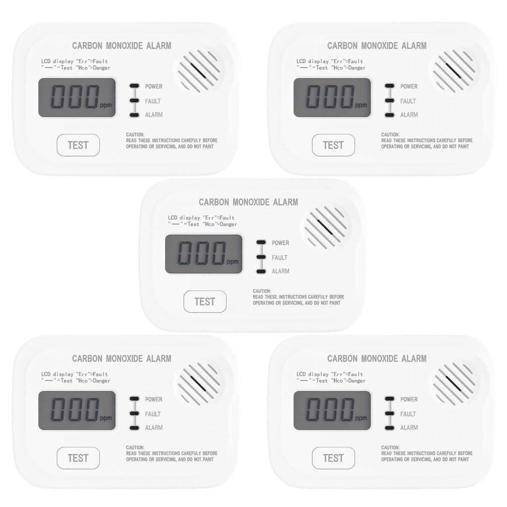 Set 5x Rilevatore monossido di carbonio con display 120 x 74 x 31 mm, allarme CO con batterie sostituibili incluse