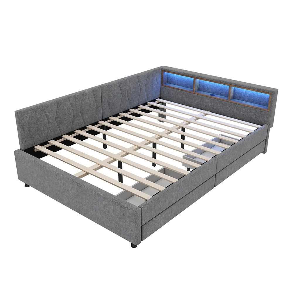Daybed-Xylo-140x200 cm-LED, USB-C, 2 cassetti, lino grigio