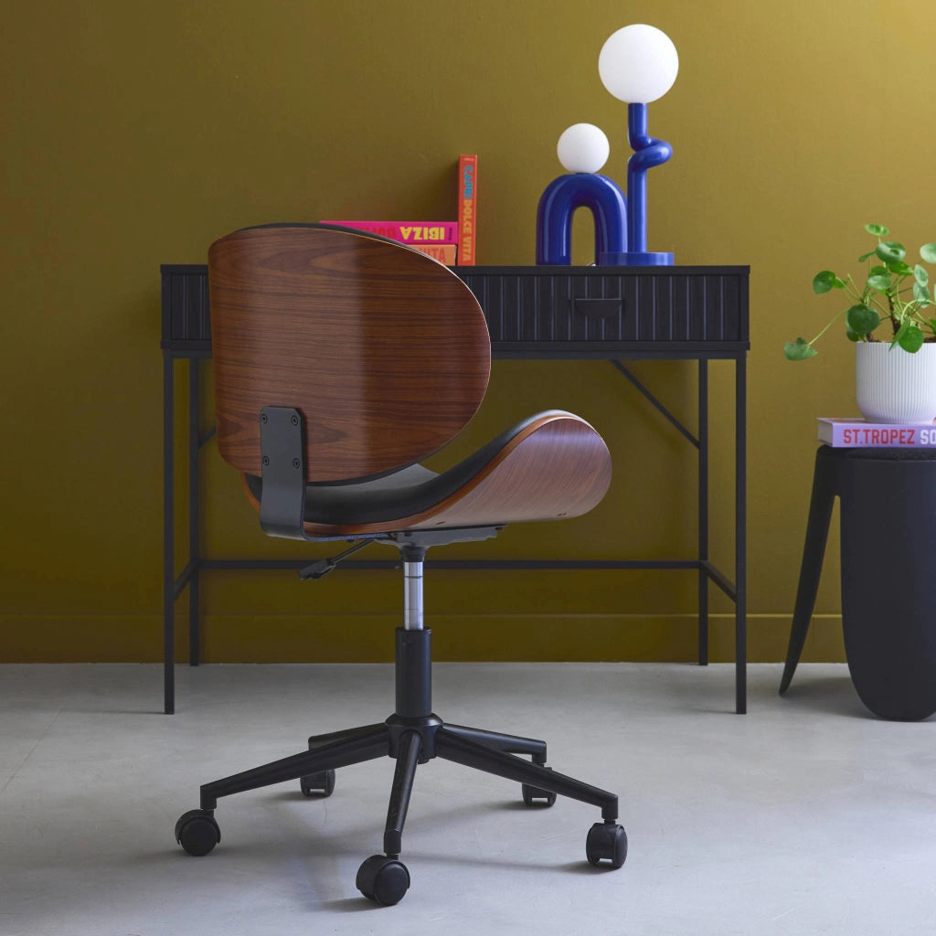 Sedia da ufficio con rotelle, effetto legno curvato e similpelle, nero