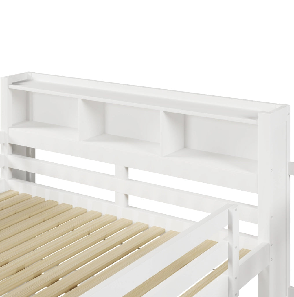 Letto a castello 140x200 cm con LED; scala con contenitore e protezioni; bianco