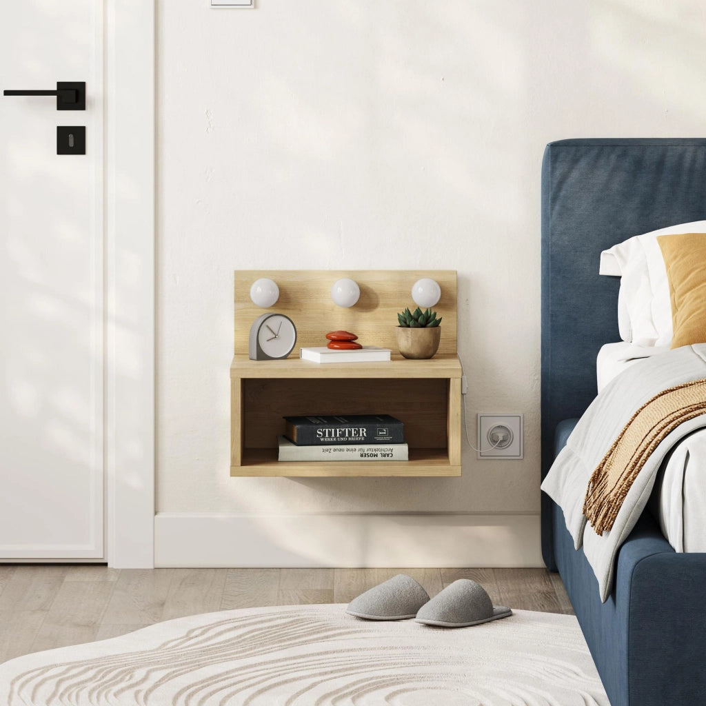 Comodino "Treo" con lampadina in legno - 40 x 30 x 34 cm - Beige