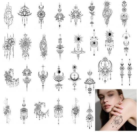 Tatuaggi Temporanei - 30 Fili Neri Mandala - 3D Impermeabili - Autoadesivi - Per Adulti e Bambini - Procedura di Applicazione Facile - Tatuaggi Temporanei