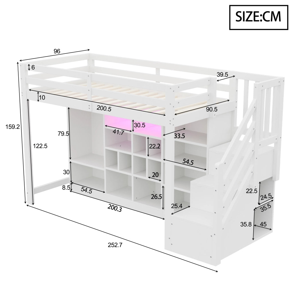 LETTO A Soppalco 90x200 cm in Legno Bianco con Armadio, Ripiani e LED