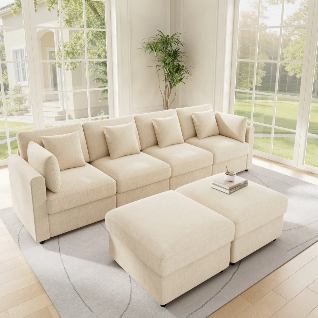Divano modulare angolare in chenille beige con 2 pouf; braccioli regolabili e 6 cuscini; 284x156;5x86 cm