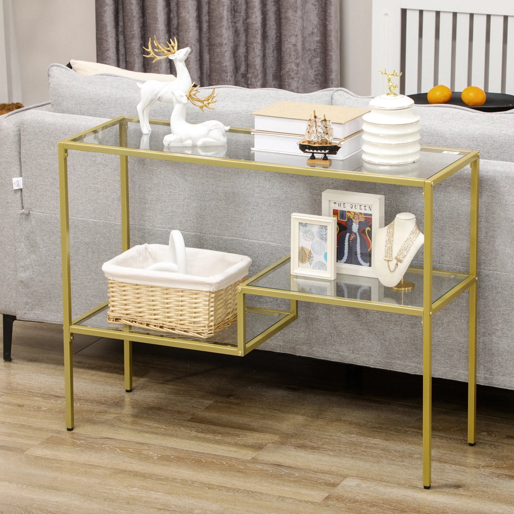 EasyComfort Consolle da Ingresso a 3 Ripiani in Acciaio e Vetro Temperato, 100x32x76 cm, Oro