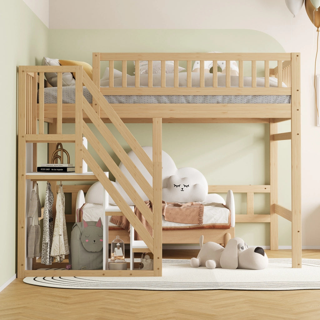 Letto a soppalco in legno massiccio 140x200 con scala contenitore e sponda alta