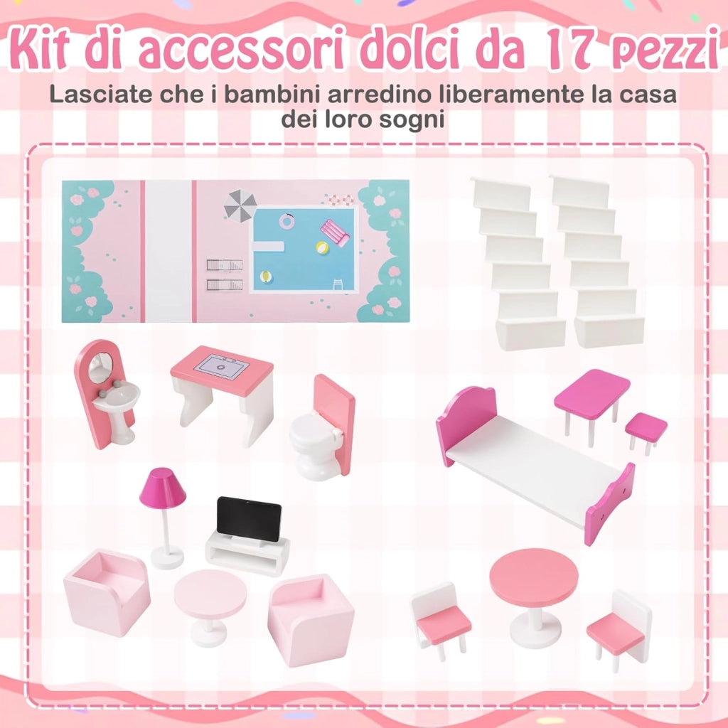 Casa delle Bambole a 3 Piani in Legno, Casa Barbie con Scale e 17 Pezzi di Mobili Completi, Villa da Principessa Fai-da-Te Giocattolo per Bambini 3+ Anni, 74,5 x 63 x 120,5 cm (Rosa)
