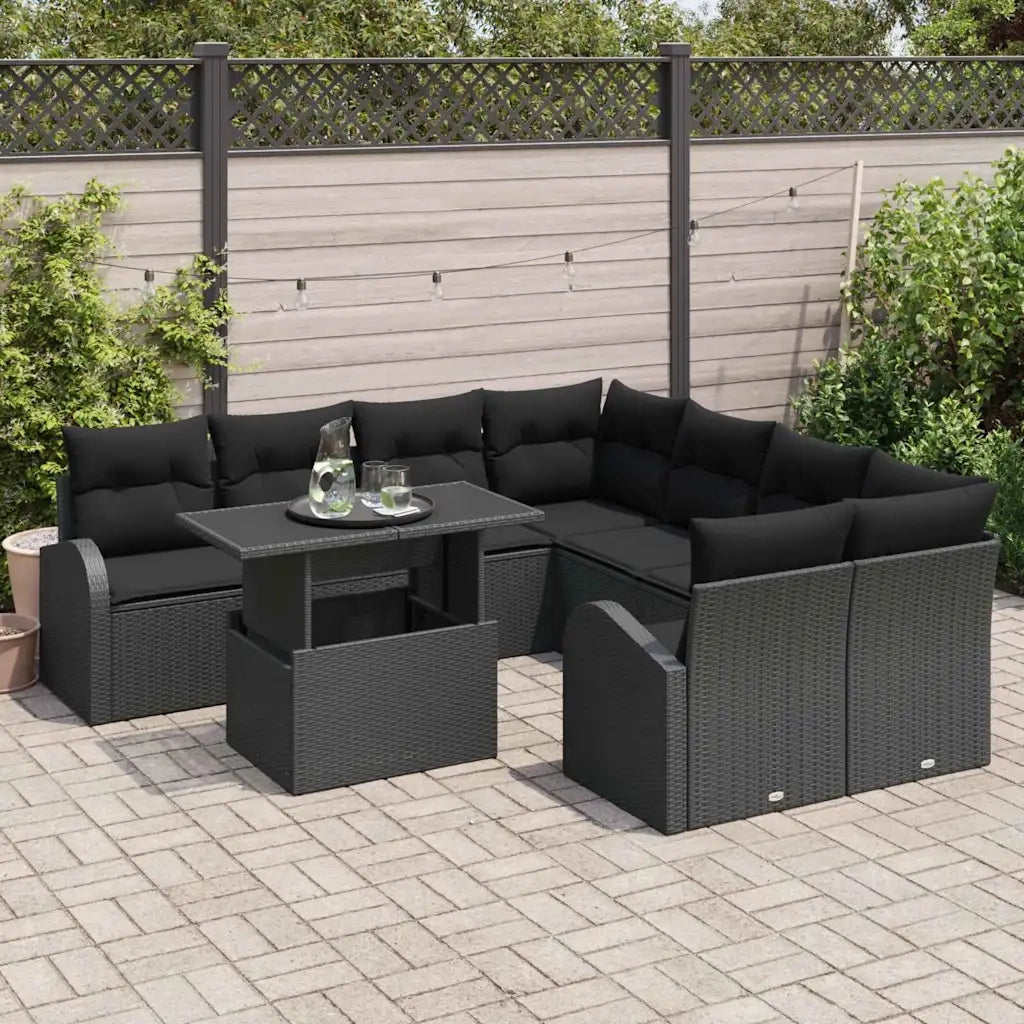 Set Divano da Giardino con archiviazione 9 pcs Nero polyrattan