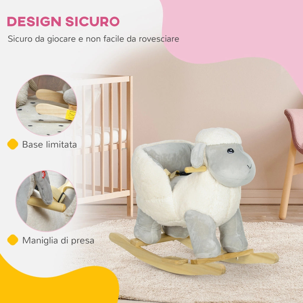 Cavallo a Dondolo per Bambini in Legno e Peluche Pecorella Grigio