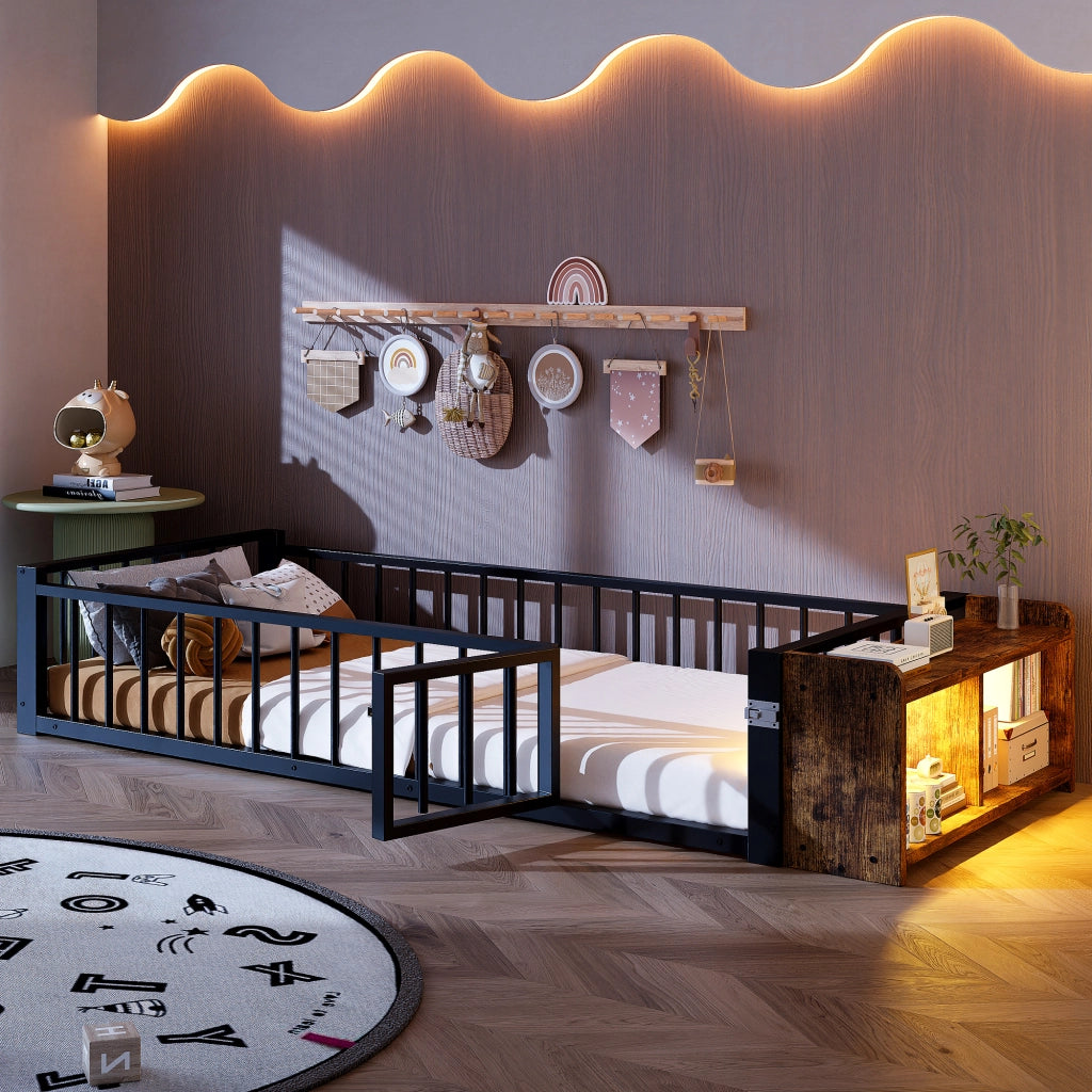 LETTO 90x200 cm in metallo e MDF con sponda, vano aperto e LED, nero