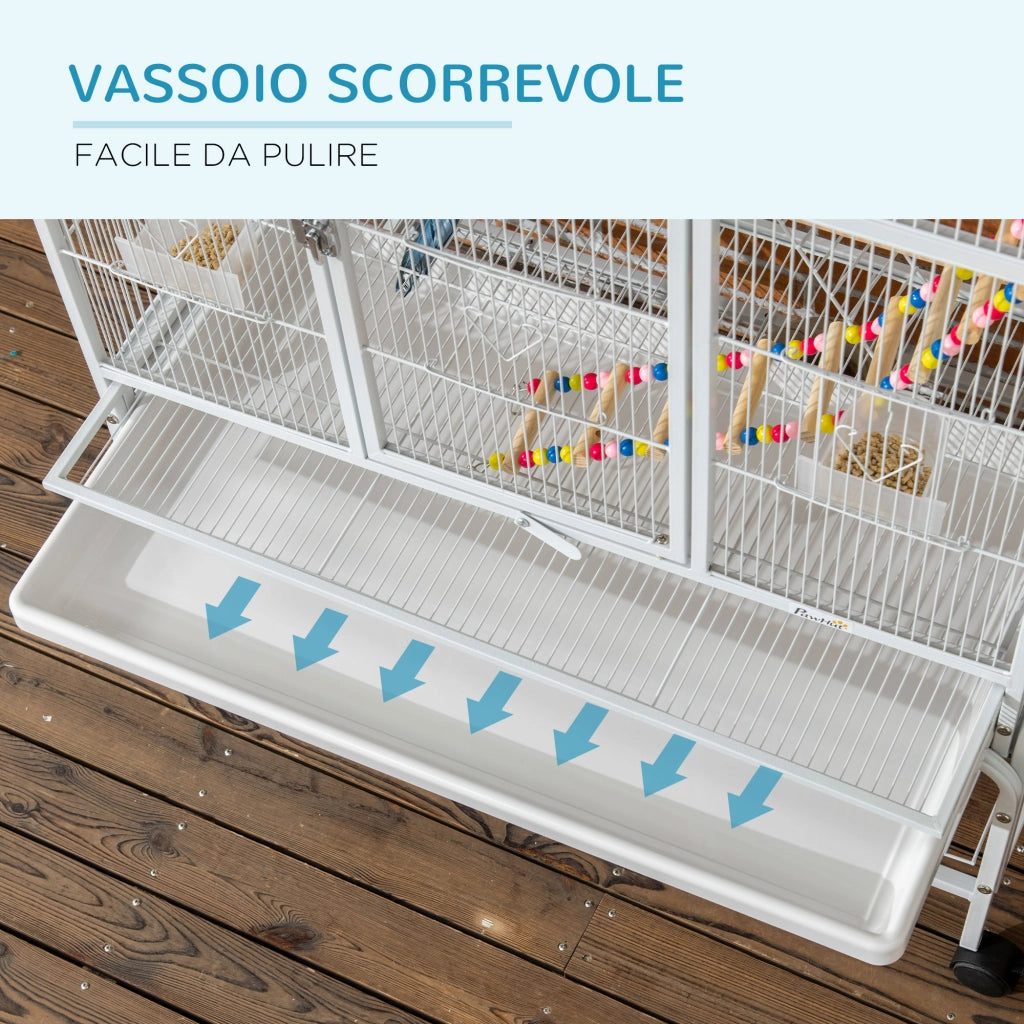 Gabbia per Uccelli ¨C Xylo ¨C Acciaio e PP con Posatoi, Giochi, 83x53x180 cm, Bianco