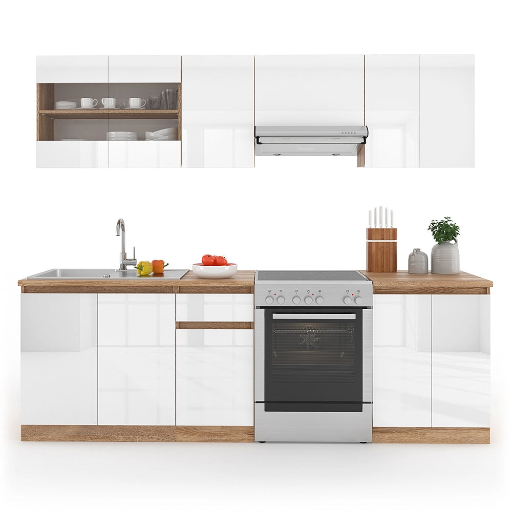 Mobile da cucina Raul Bianco lucido/Bianco 240 cm, PL Sonoma con striscia LED Vicco