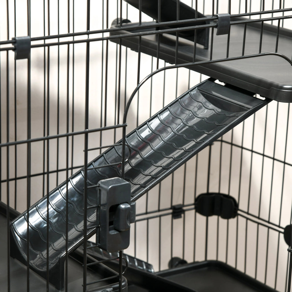 Gabbia per conigli a 5 livelli con 3 porte 5 rampe vassoio rimovibile ruote ¨C Xylo ¨C 81x52,5x159cm nero grigio
