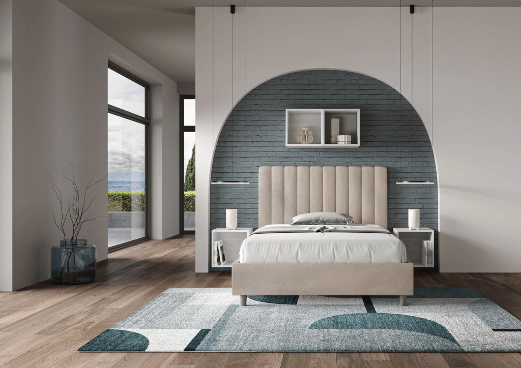 BS COM Letto una piazza e mezza con rete imbottito 120x190 microfibra sabbia