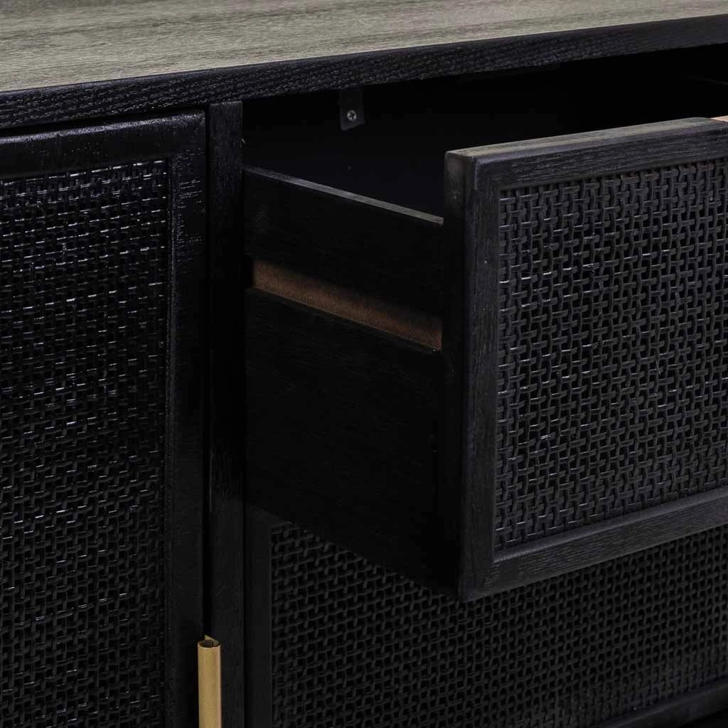 Credenza legno e rattan nero e oro 115x35x80cm