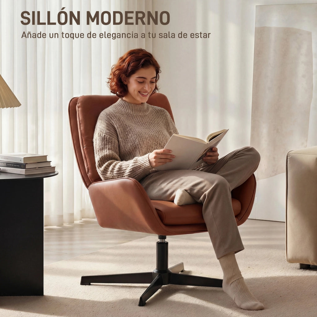 Poltrona in similpelle marrone con braccioli e gambe in metallo ¨C Minimal