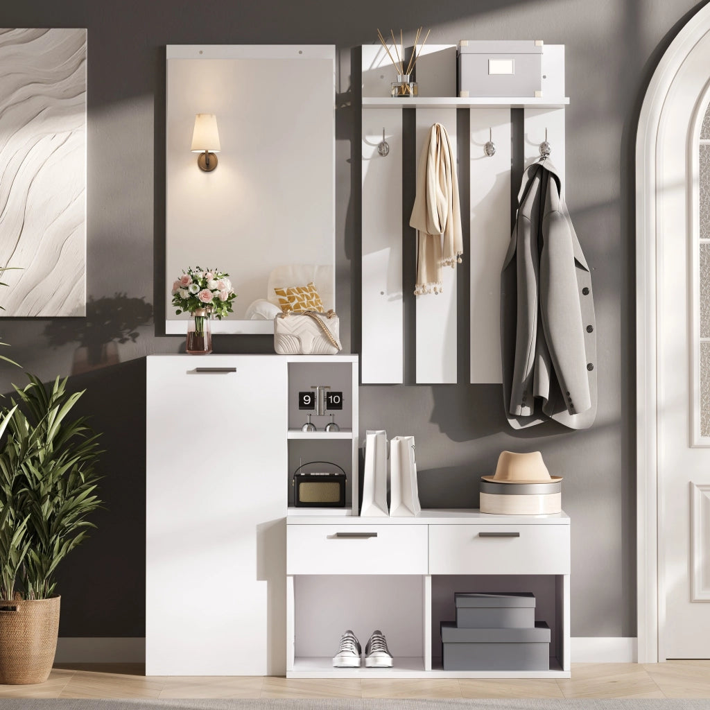 Set da ingresso composto da scarpiera, specchio e ganci appendiabiti, con 2 cassetti, in MDF, bianco
