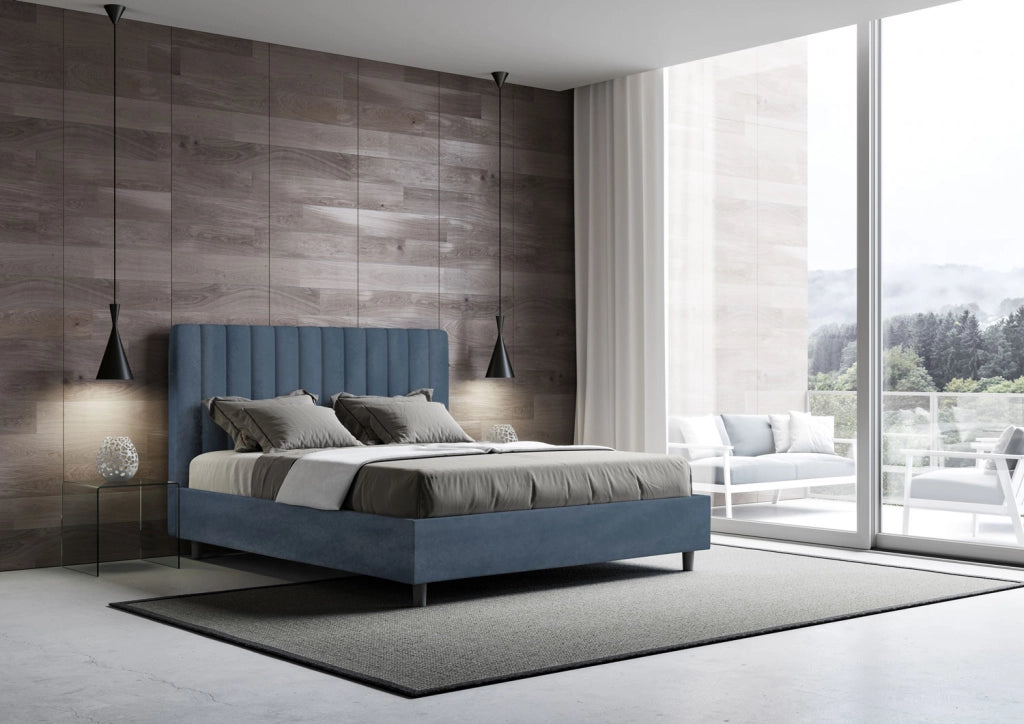 BS COM Letto una piazza e mezza senza rete imbottito 130x200 microfibra blu