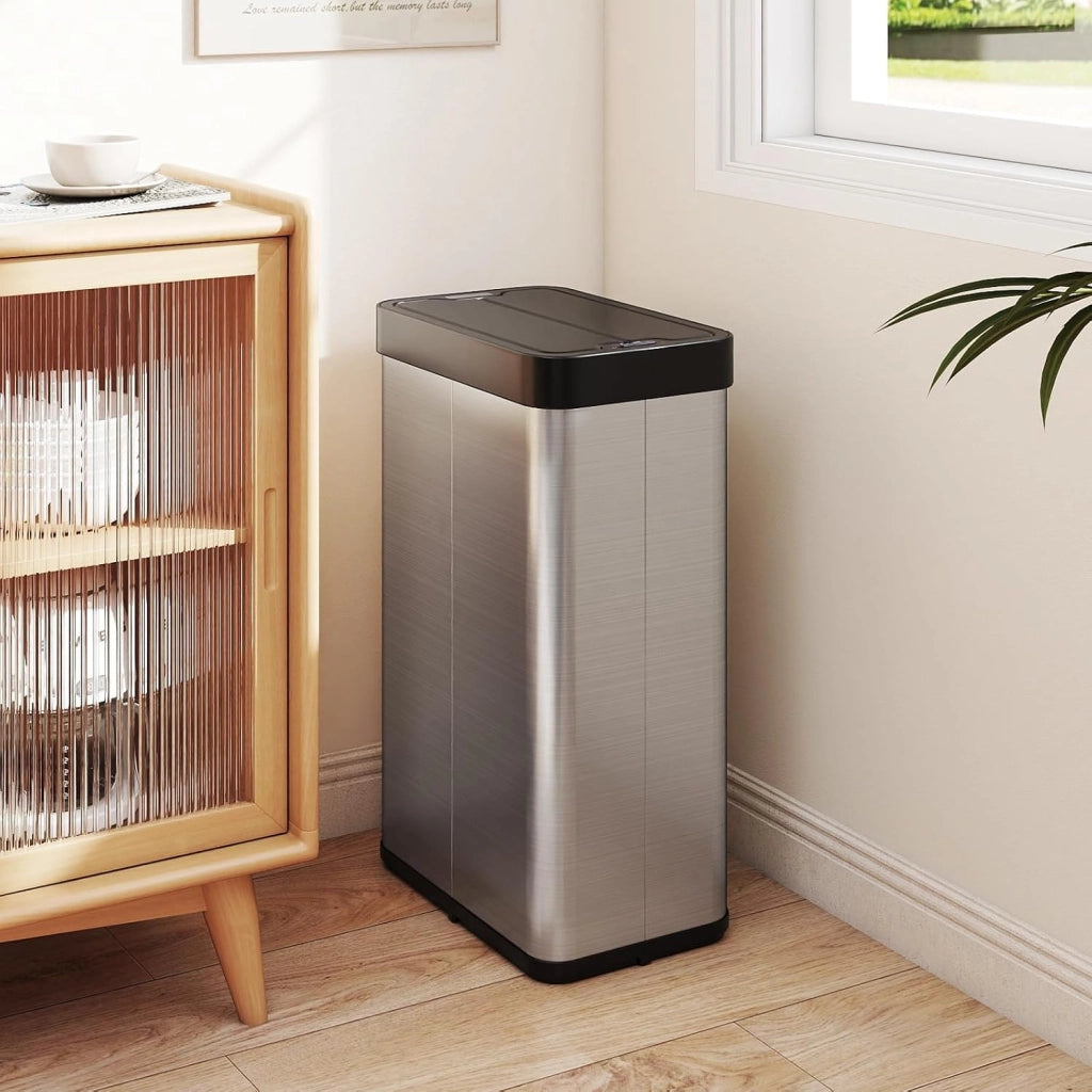 60L Cestino per Rifiuti con Coperchi a Ali, Pattumiera in Acciaio Inox Spazzolato con Sensore di Movimento a Infrarossi, Bidone Automatico per Camera da Letto, Bagno e Cucina (Argento)