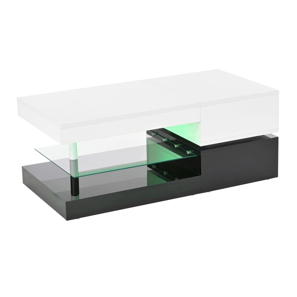 OKWISH Tavolino da Salotto con Ripiano in Vetro e LED, Controllo Bluetooth, per Soggiorno, Nero e Bianco, 90 x 45 x 35.5 cm