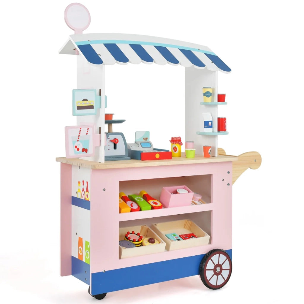 Carrello della spesa per bambini 75 x 30 x 100 cm con 30 accessori e maniglia di spinta design giocoso realizzato in MDF multicolore 20_0018296