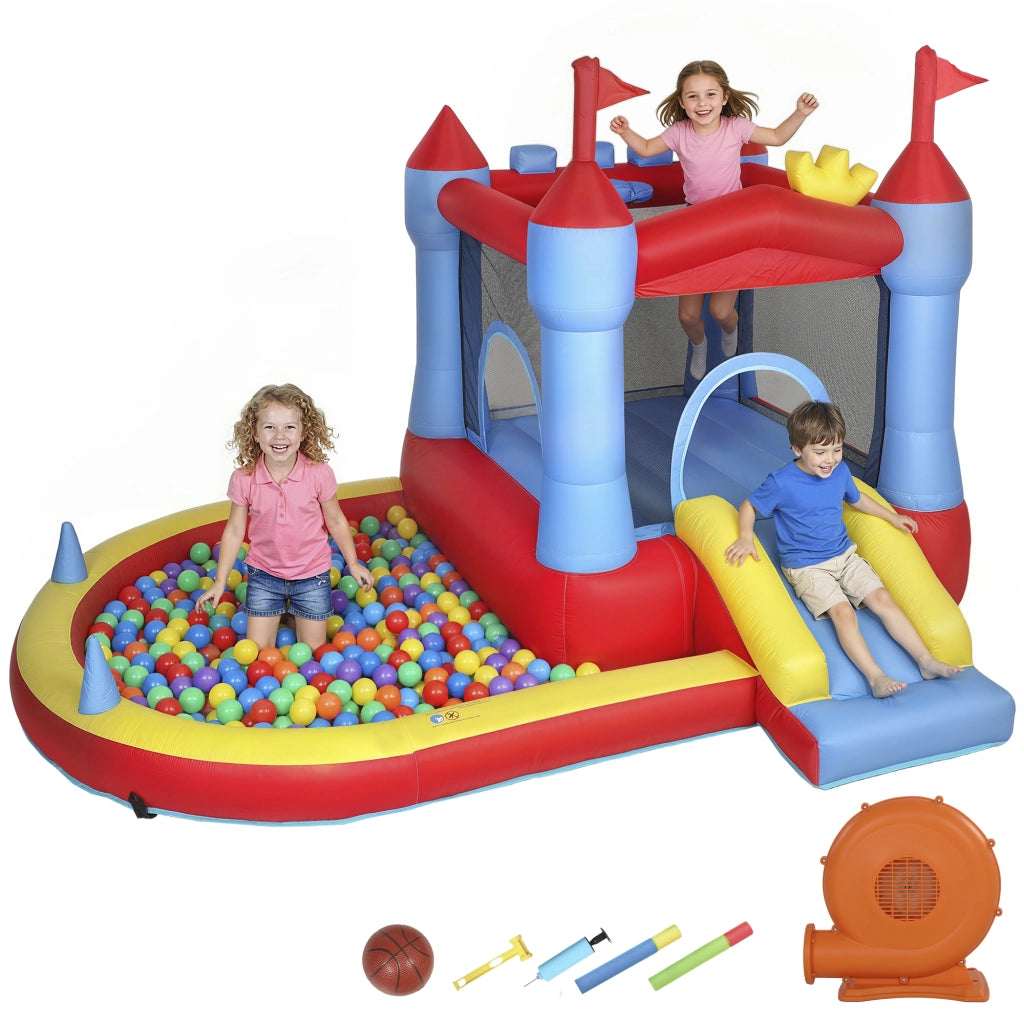 Castello gonfiabile per giardino con scivoli, trampolino e piscina a palline ¨C Minimal ¨C Multicolore