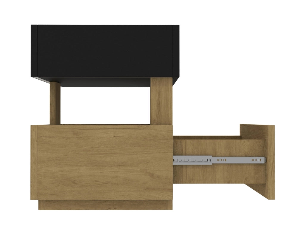 Comodino, 2 cassetti, tavolino a due ripiani, luce a LED, nero e color legno naturale