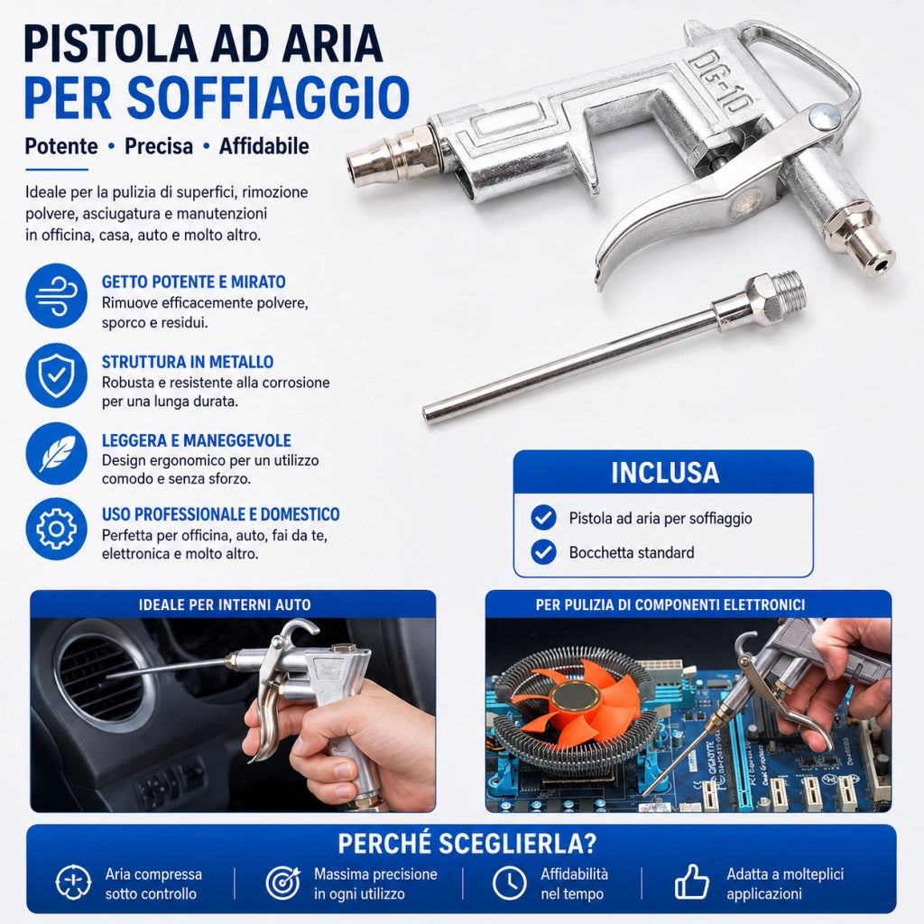 Pistola Aria Compressa Per Compressore con 2 Bocchette Accessori Attacco Rapido