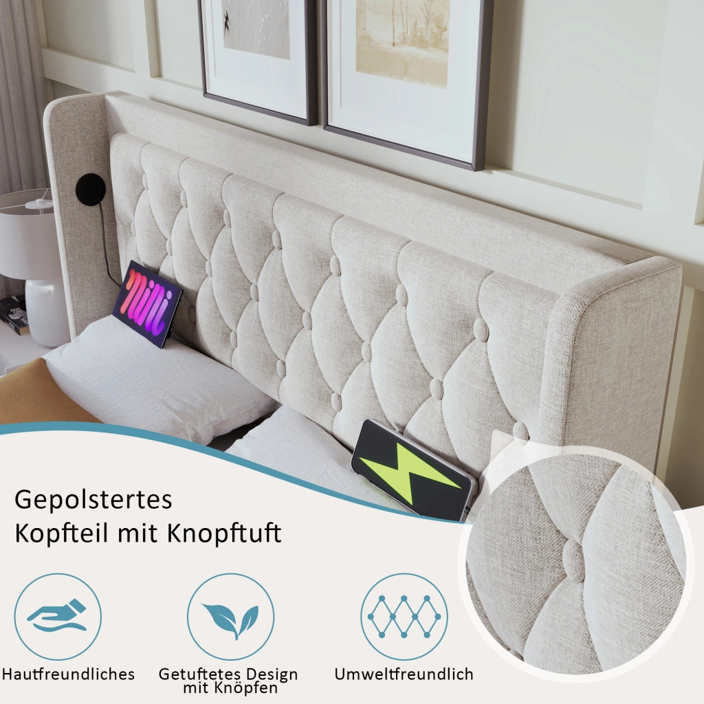 LETTO Contenitore 180x200 cm Cotone Beige con USB e LED