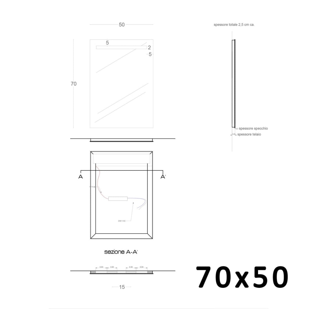 Specchio led bagno per mobile filo lucido 4 debby, misura 100x70