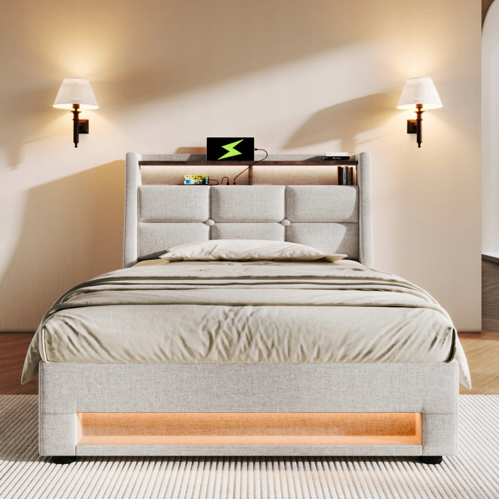 Letto imbottito con USB e LED - Xylo - 90x200 cm con materasso