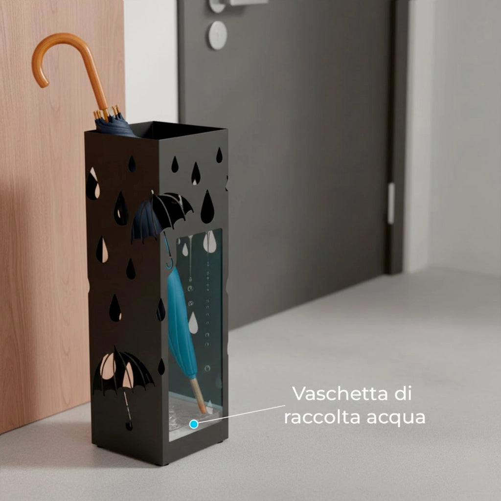 Portaombrelli In Acciaio Zincato Con Design Moderno Vaschetta Scolapioggia 2 Ganci Removibili Base Antiscivolo Per Ingresso Casa E Ufficio 49 X 15.5 X 15.5 Cm Nero