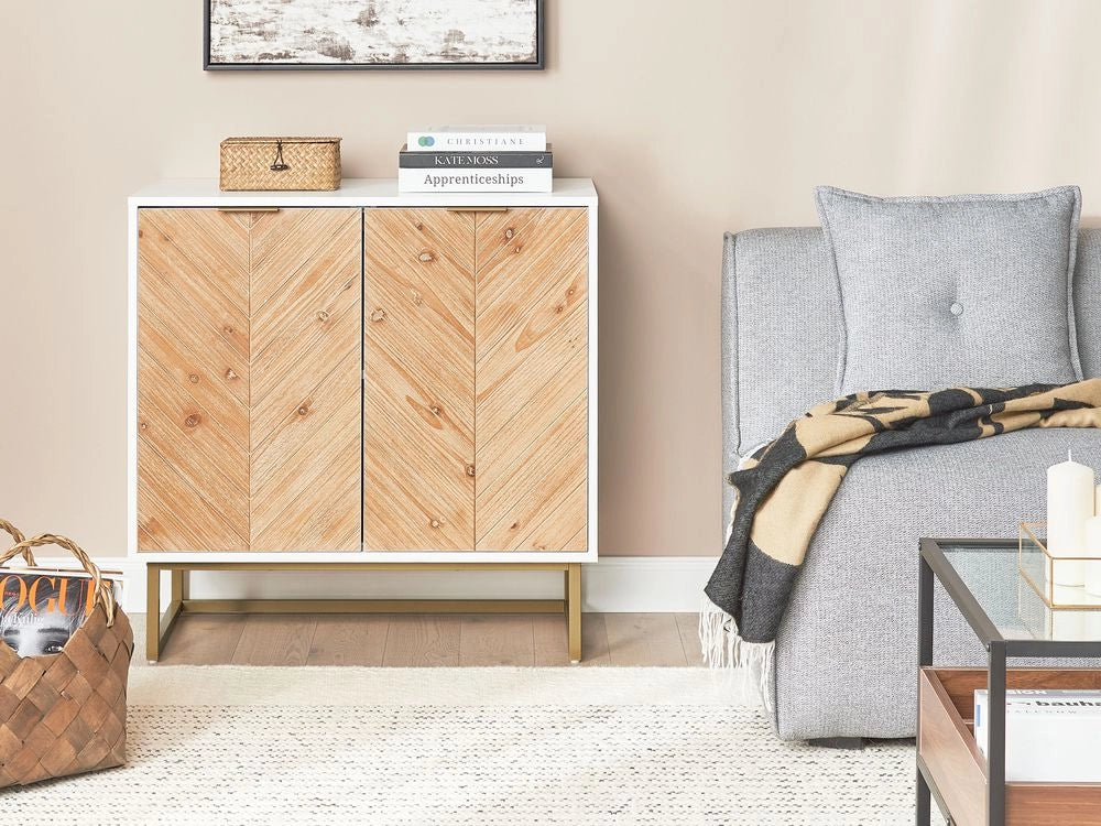 Credenza bianca e legno chiaro MDF impiallacciato in legno a 2 ante con ripiani Soluzione di archiviazione scandinava per la camera da letto